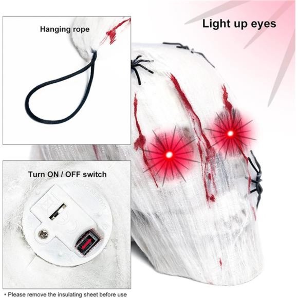 Halloween Skull with Light Up Eyes,Hanging Skeleton with Blood Spider Webc - Picture 4 of 6